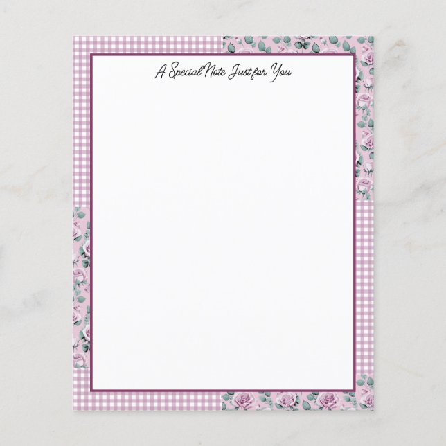 Pink Gingham Plaid and Roses Stationery Paper (Front)