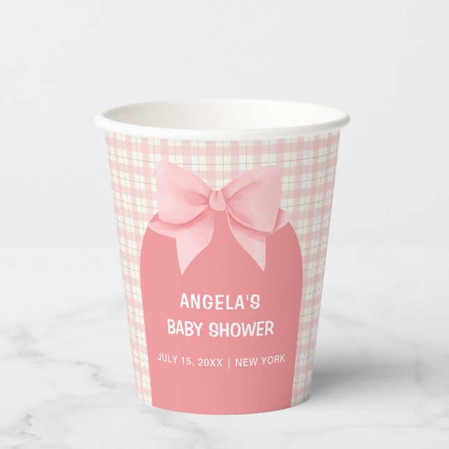 Pink Gingham Plaid Arch Bow Baby Shower  Paper Cups (Front)