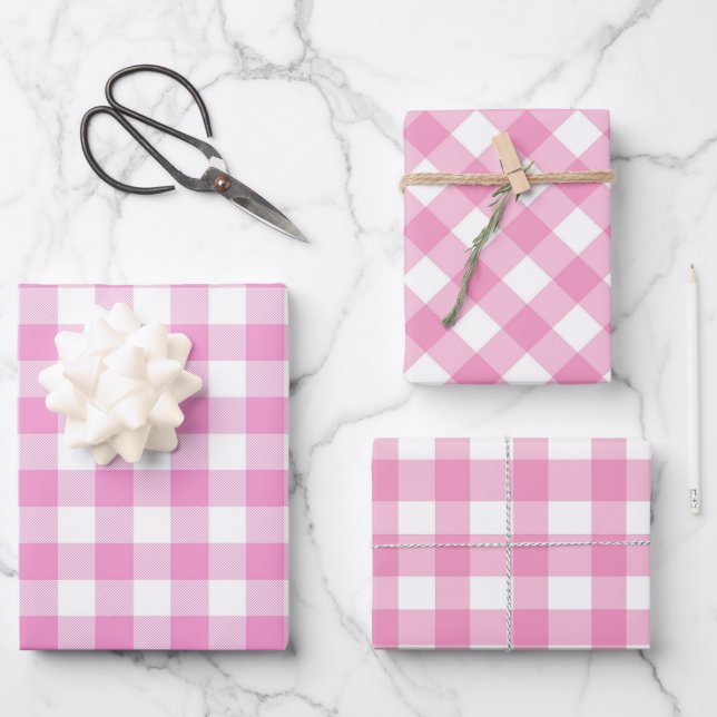 Pink Gingham Plaid Birthday Party Wrapping Paper Sheet (Front)