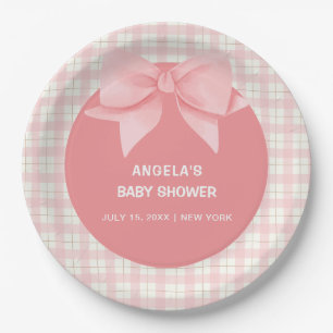 Pink Gingham Plaid Bow Baby Shower  Paper Plate