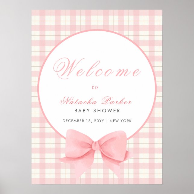 Pink Gingham Plaid Bow Girl Baby Shower Welcome  Poster (Front)
