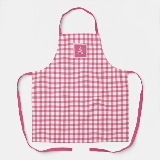 Pink Gingham Plaid Chequered Minimal Modern Monogr Apron (Front)