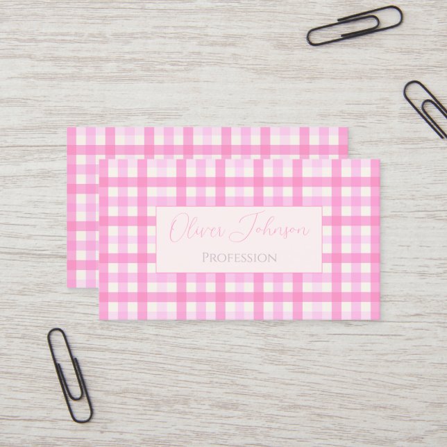 Pink Gingham Plaid Chequered Pattern Business Card (Front/Back In Situ)