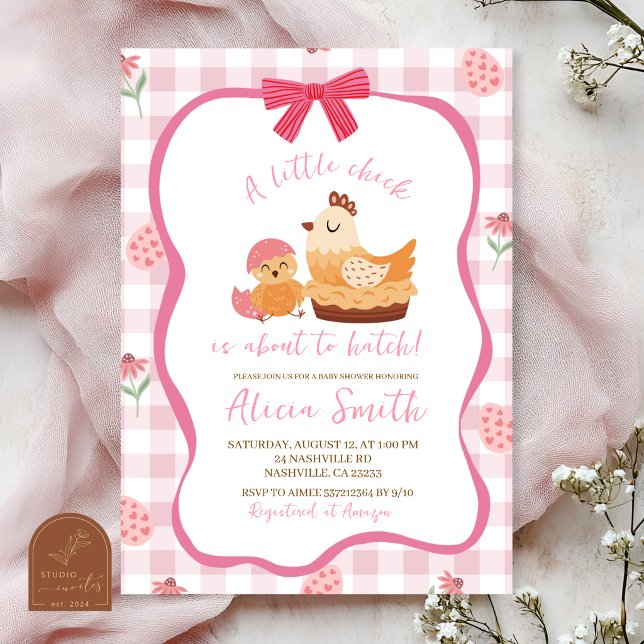 Pink Gingham Plaid Chick Baby Shower Invitation (Creator Uploaded)