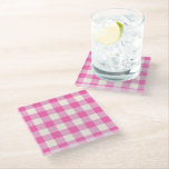 Pink Gingham Plaid Cottagecore Glass Coaster<br><div class="desc">Modern spring picnic trend,  with gingham plaid tartan pattern in hot pink and white colours.</div>