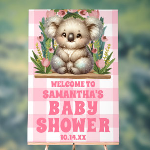 Pink Gingham Plaid Koala Baby Shower Welcome Acrylic Sign