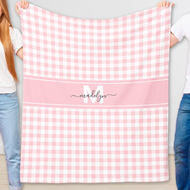 Pink Gingham Plaid Monogram Fleece Blanket (Pink Gingham Plaid Monogram Fleece Blanket )