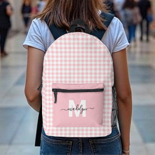 Pink Gingham Plaid Monogram Printed Backpack