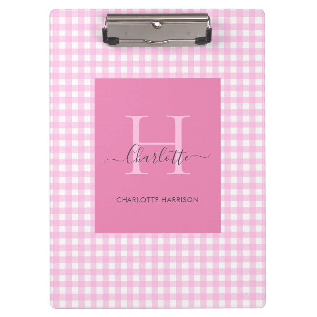 Pink Gingham Plaid Pattern Cute  Personalised Clipboard (Front)