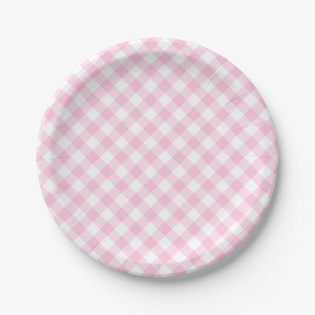 Pink Gingham Plaid Pattern Paper Plate (Front)