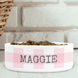 Pink Gingham Plaid Personalised Farmhouse Dog Bowl