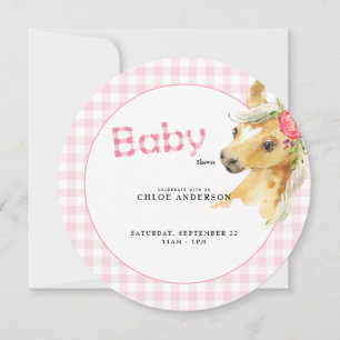 Pink Gingham Pony Baby Shower Round  Invitation