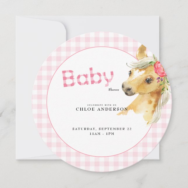 Pink Gingham Pony Baby Shower Round  Invitation (Front)