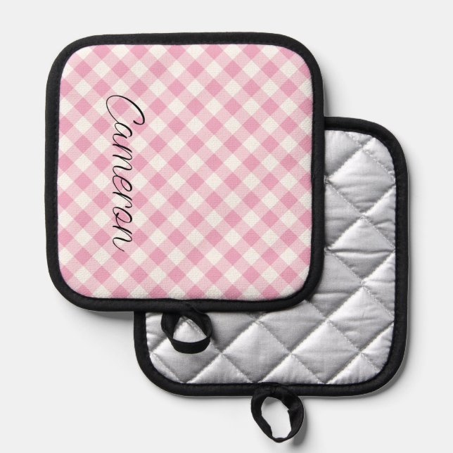 Pink Gingham Pot Holder with Name Personalised (Front/Back)