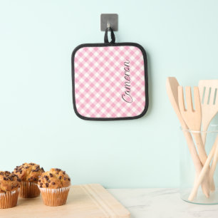 Pink Gingham Pot Holder with Name Personalised