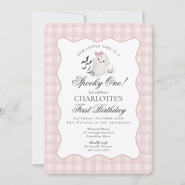 Pink Gingham Preppy Ghost Spooky One 1st Birthday Invitation (Front)