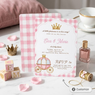 Pink Gingham Princess Carriage Baby Shower Invitation