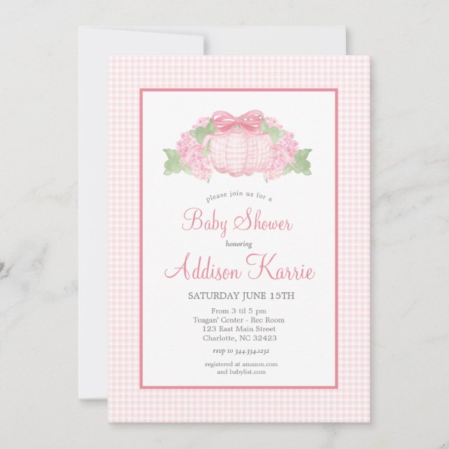 Pink Gingham Pumpkin Baby Shower Invitation (Front)