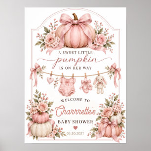 Pink Gingham Pumpkin Baby Shower Sign Poster