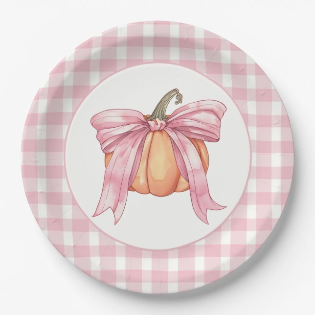 Pink Gingham Pumpkin Tied with a Bow Paper Plate (Front)