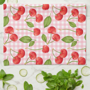 Pink Gingham & Red Cherries Picnic Tea Towel