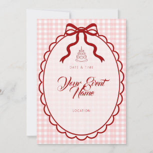 Pink Gingham Red Ribbon Bow Invitation