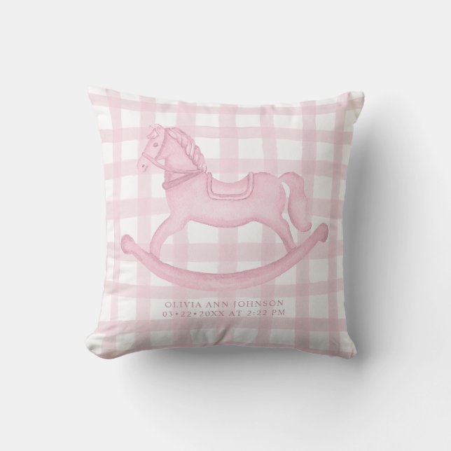 Pink Gingham Rocking Horse Baby Girl Birth Pillow (Front)