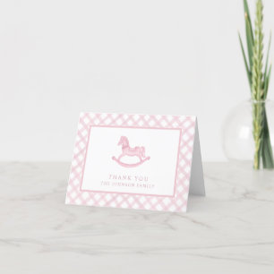 Pink Gingham Rocking Horse Baby Thank You Card
