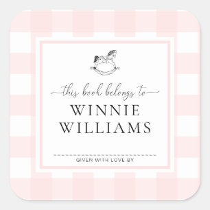Pink Gingham Rocking Horse Bookplate Sticker