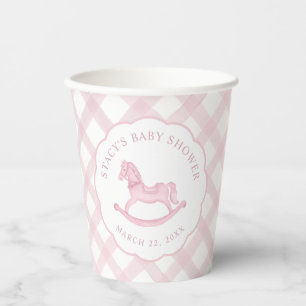 Pink Gingham Rocking Horse Boy Baby Shower Paper Cups