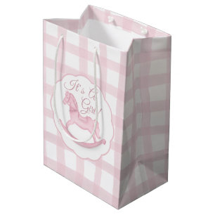 Pink Gingham Rocking Horse Girl Baby Gift Bag