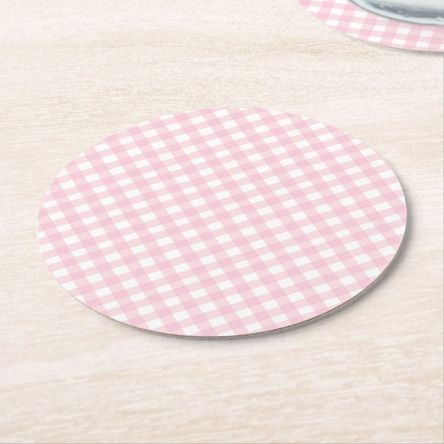 Pink Gingham Round Paper Coaster (Angled)