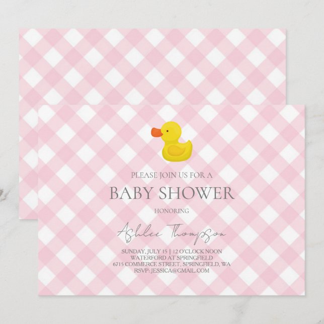 Pink Gingham Rubber Duckie Baby Shower Invitation (Front/Back)