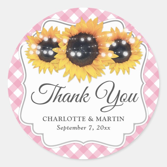 Pink Gingham Rustic Sunflower Floral Thank You Classic Round Sticker (Front)