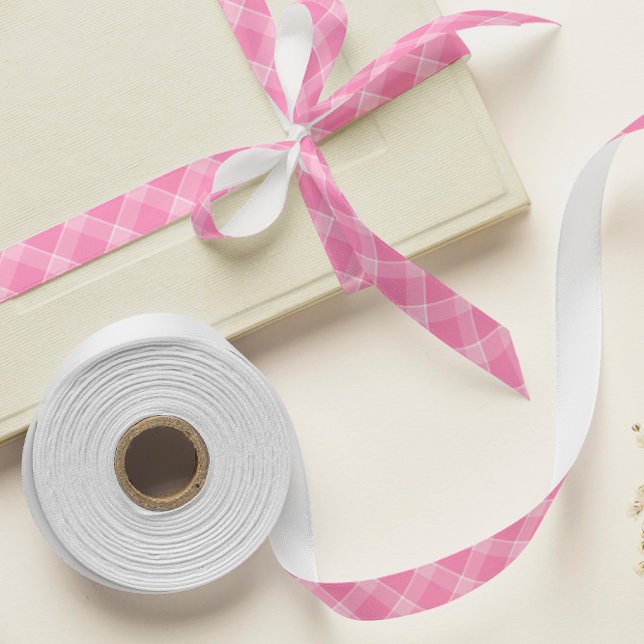 Pink Gingham Satin Ribbon – Baby Girl Shower Gift  (pink pastel plaid ribbon)