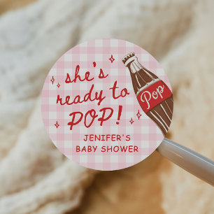 Pink Gingham She's Ready to Pop Baby Shower Classic Round Sticker