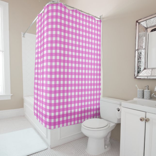 Pink gingham shower curtain (In Situ)