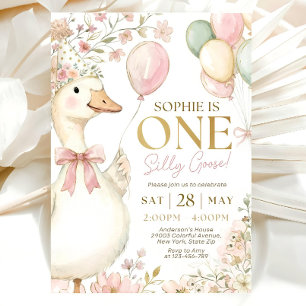 Pink Gingham Silly Goose 1st Birthday Invitation 