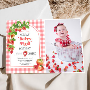 Pink Gingham Strawberry 1st Birthday Photo  Invitation