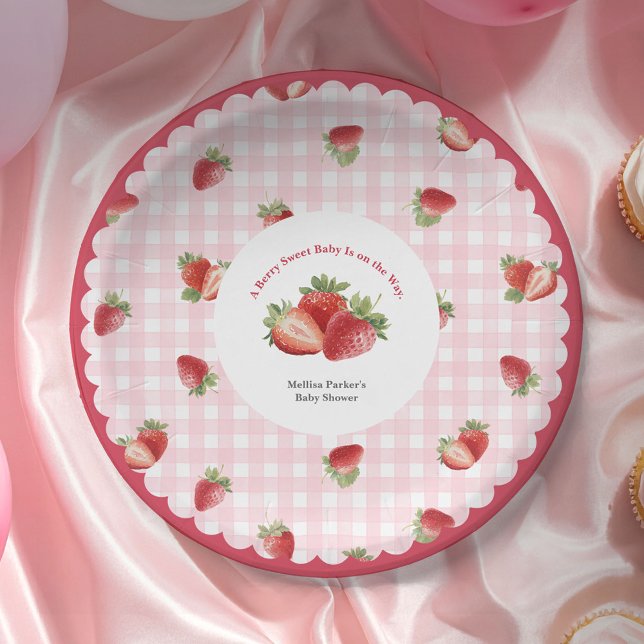 pink Gingham Strawberry-Baby Girl Shower Paper Plate (Strawberry Berry Sweet with Pink Gingham Background-Baby Shower Party Paper Plate.)