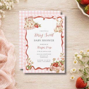 Pink Gingham Strawberry Baby Shower Invitation
