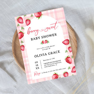 Pink Gingham Strawberry Baby Shower Party Invitation
