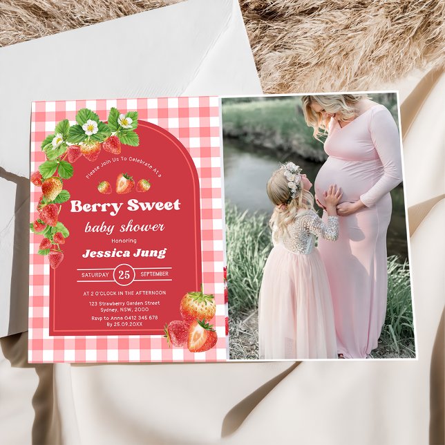 Pink Gingham Strawberry Baby Shower Party Photo  Invitation (Creator Uploaded)