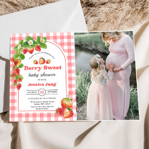 Pink Gingham Strawberry Baby Shower Photo  Invitation