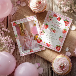 Pink Gingham Strawberry Berry First Birthday Invitation