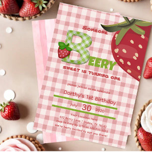 Pink Gingham Strawberry Berry First Birthday  Invitation