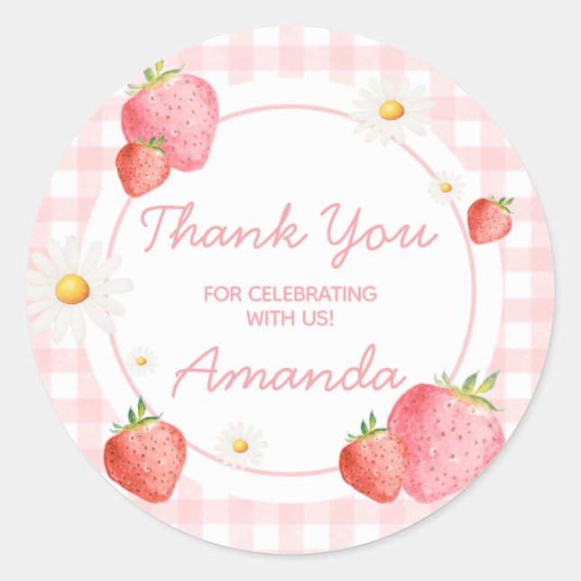 Pink Gingham Strawberry Berry First Birthday Party Classic Round Sticker (Front)