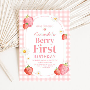Pink Gingham Strawberry Berry First Birthday Party Invitation