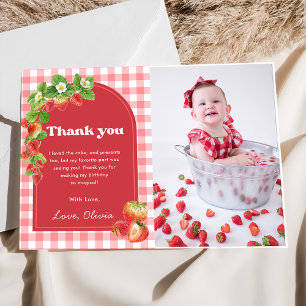 Pink Gingham Strawberry Birthday Thank You Card