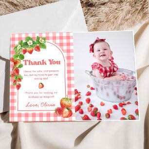 Pink Gingham Strawberry Birthday Thank You Card